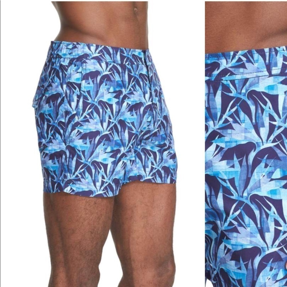 Onia Blue Bird Of Paradise Print Swim Trunks 4” - Picture 3 of 4